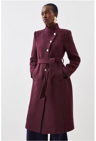 Wine Italian Manteco Wool Button Detail Belted Midi Coat