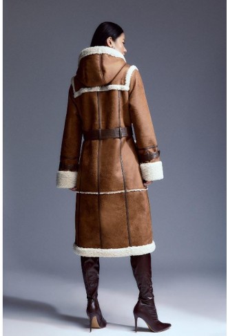 Tan Faux Shearling Contrast Trim Hooded Midi Coat