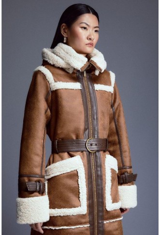 Tan Faux Shearling Contrast Trim Hooded Midi Coat