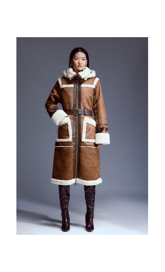 Tan Faux Shearling Contrast Trim Hooded Midi Coat