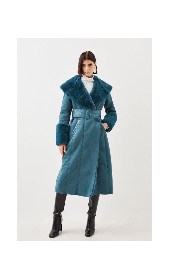 Teal Tall Faux Shearling Collar & Cuff Belted Long Coat