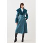 Teal Tall Faux Shearling Collar & Cuff Belted Long Coat