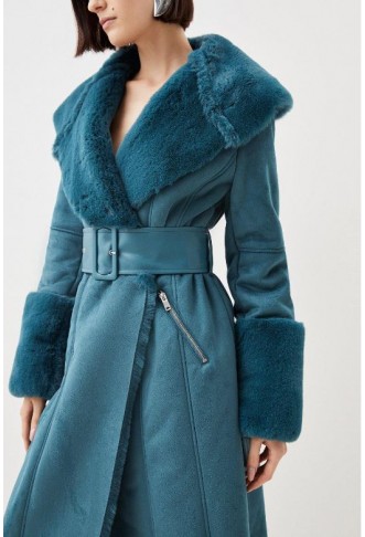 Teal Tall Faux Shearling Collar & Cuff Belted Long Coat