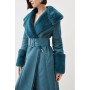 Teal Tall Faux Shearling Collar & Cuff Belted Long Coat