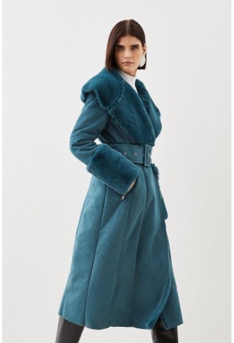 Teal Tall Faux Shearling Collar & Cuff Belted Long Coat