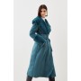 Teal Tall Faux Shearling Collar & Cuff Belted Long Coat