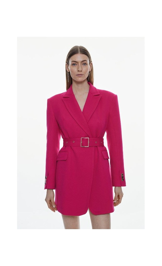 Structured Crepe Belted Wide Shoulder Longline Blazer