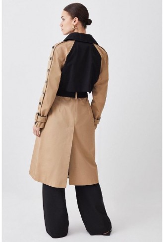 Camel Petite Button Detail Colour Block Detail Trench Coat