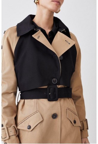 Camel Petite Button Detail Colour Block Detail Trench Coat