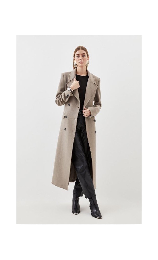 Taupe Tall Italian Manteco Wool Double Breasted Longline Coat