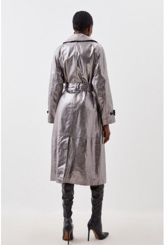 Pewter Leather Metallic Pocket Detail Belted Trench Coat