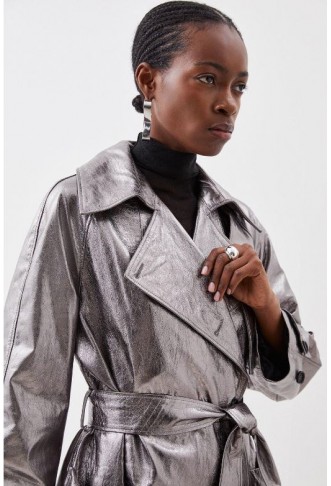 Pewter Leather Metallic Pocket Detail Belted Trench Coat