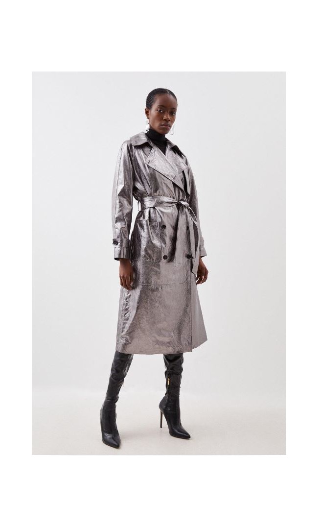 Pewter Leather Metallic Pocket Detail Belted Trench Coat