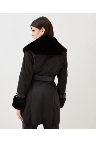 Faux Shearling Collar & Cuff Belted Short Coat