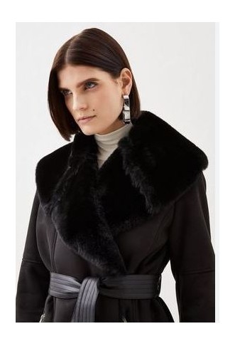 Faux Shearling Collar & Cuff Belted Short Coat