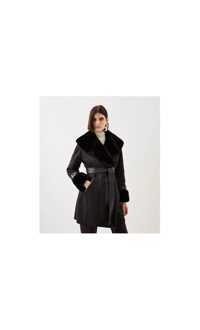 Faux Shearling Collar & Cuff Belted Short Coat