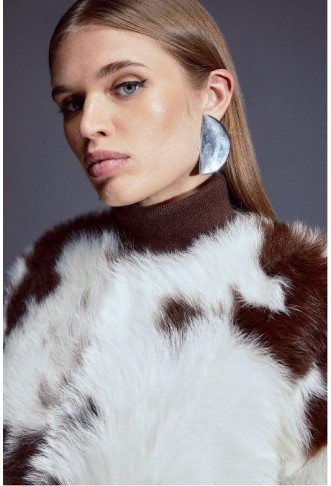 Mono Cow Print Shearling Collarless Maxi Coat