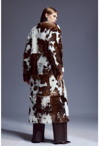 Mono Cow Print Shearling Collarless Maxi Coat