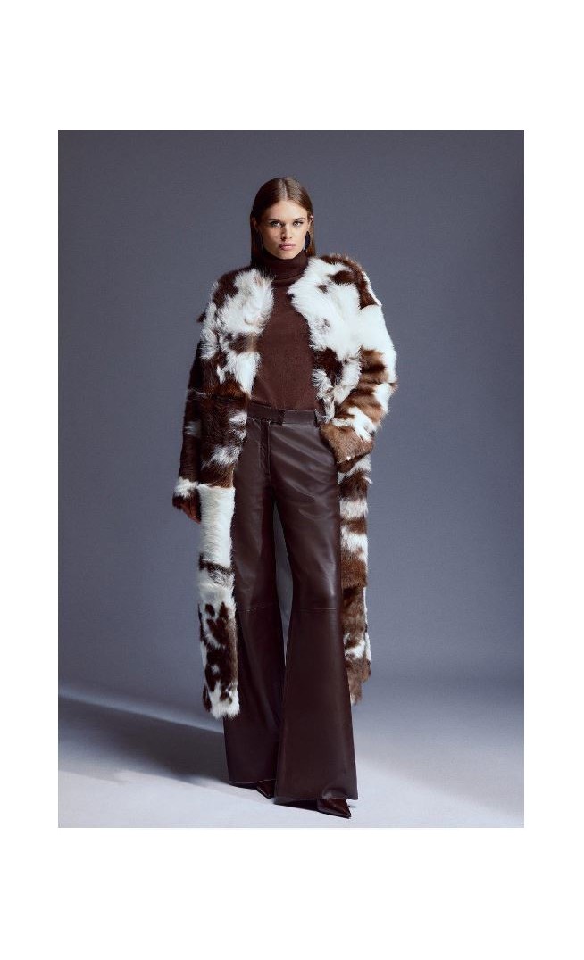 Mono Cow Print Shearling Collarless Maxi Coat