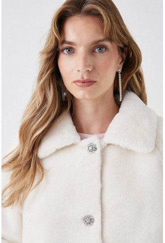 Faux Fur Diamante Button Coat