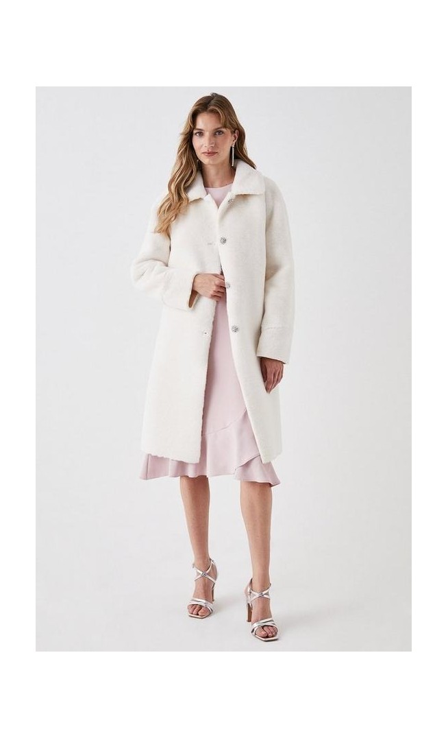 Faux Fur Diamante Button Coat