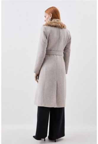 Oatmeal Italian Manteco Wool Blend Faux Fur Double Breasted Belted Midi Coat