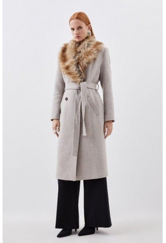 Oatmeal Italian Manteco Wool Blend Faux Fur Double Breasted Belted Midi Coat