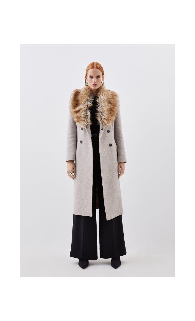 Oatmeal Italian Manteco Wool Blend Faux Fur Double Breasted Belted Midi Coat