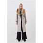 Oatmeal Italian Manteco Wool Blend Faux Fur Double Breasted Belted Midi Coat