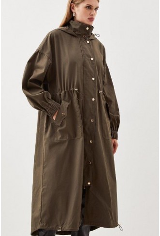 Khaki Hooded Longline Parka Coat