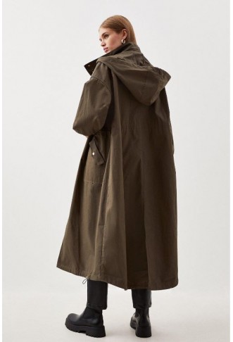 Khaki Hooded Longline Parka Coat