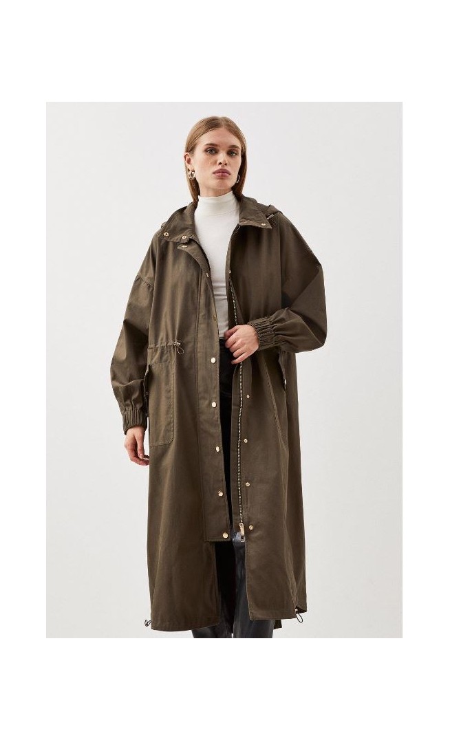 Khaki Hooded Longline Parka Coat