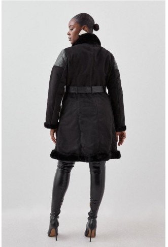 Black Plus Size Faux Shearling Biker Longline Belted Coat