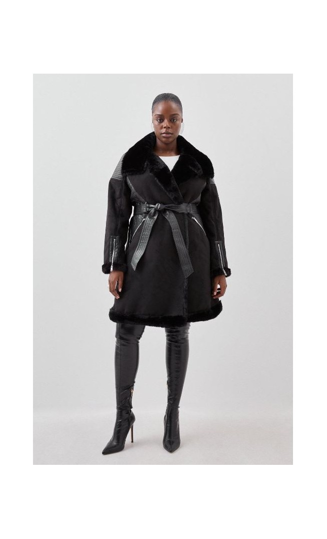 Black Plus Size Faux Shearling Biker Longline Belted Coat