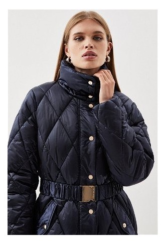 Diamond Quilted Puffer Longline Belted Coat