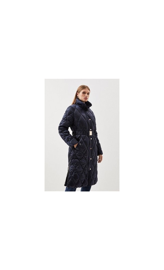 Diamond Quilted Puffer Longline Belted Coat