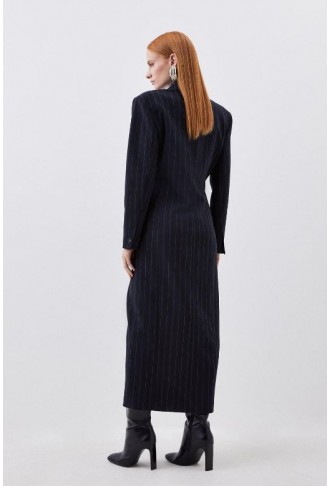 Black Tailored Strong Shoulder Striped Maxi Blazer Dress