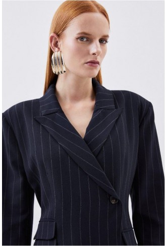 Black Tailored Strong Shoulder Striped Maxi Blazer Dress