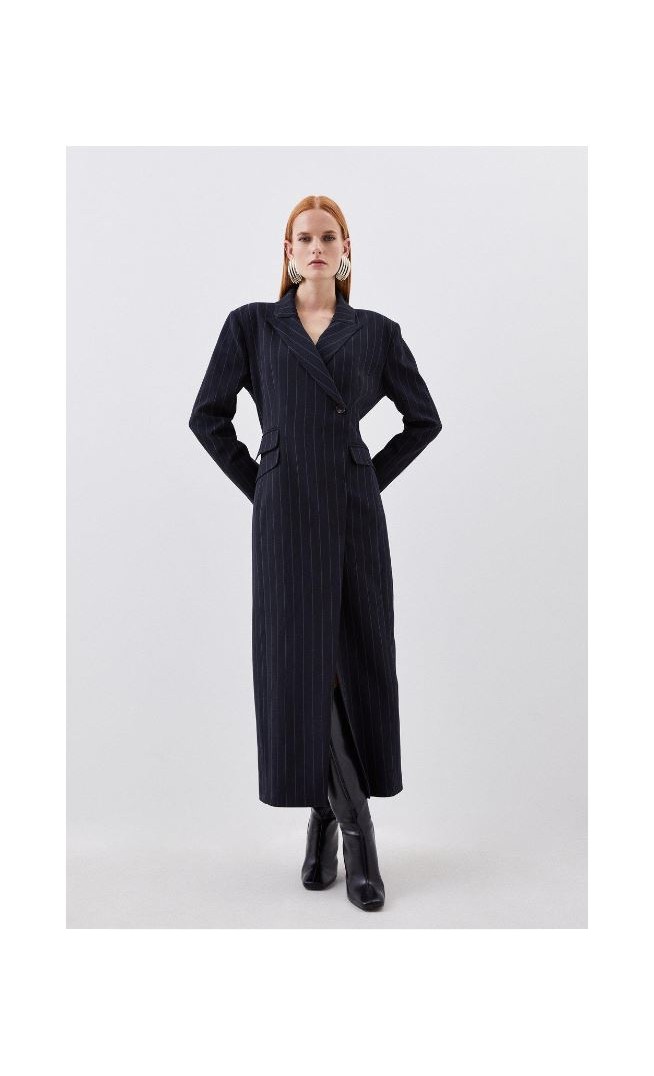 Black Tailored Strong Shoulder Striped Maxi Blazer Dress