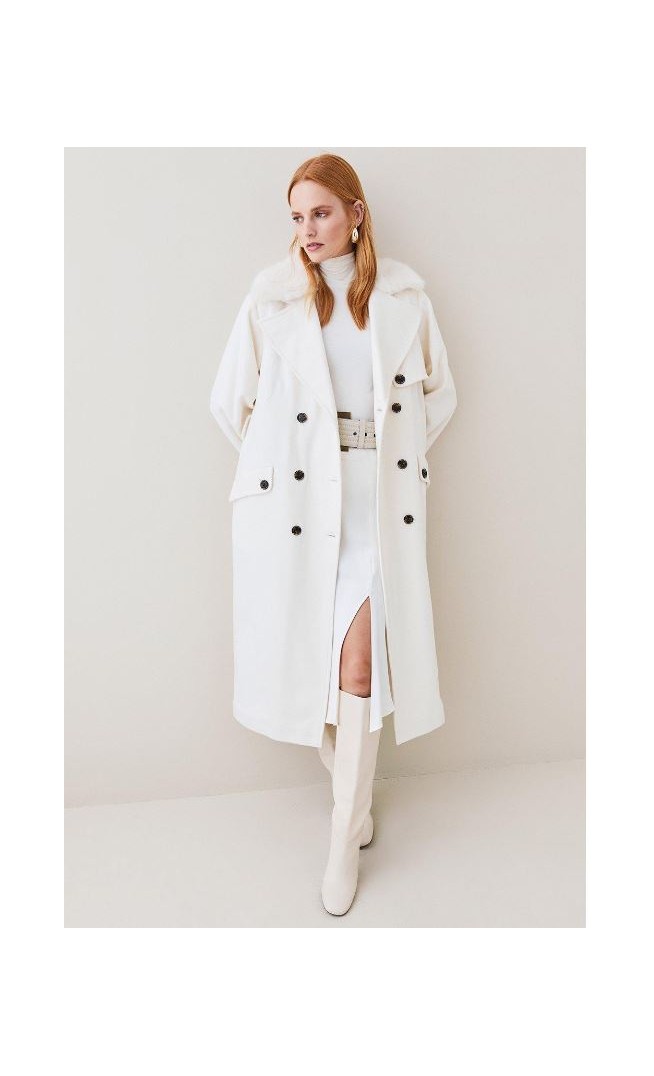 Ivory Italian Manteco Wool Cashmere Faux Fur Collar Trench Coat