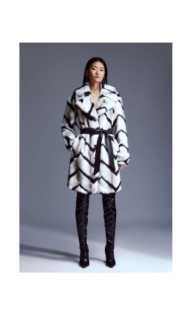 Mono Faux Fur Belted Longline Coat