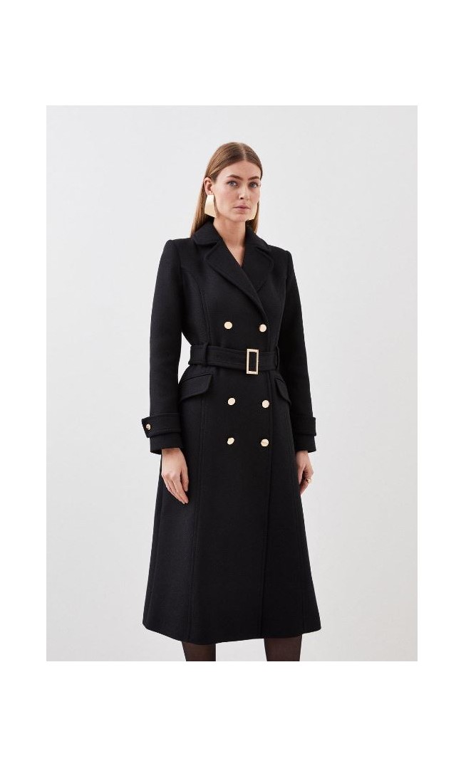 Black Italian Manteco Wool Stitch Detail Trench Coat