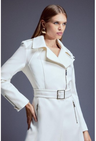 Tailored Compact Stretch High Neck Belted Midi Coat