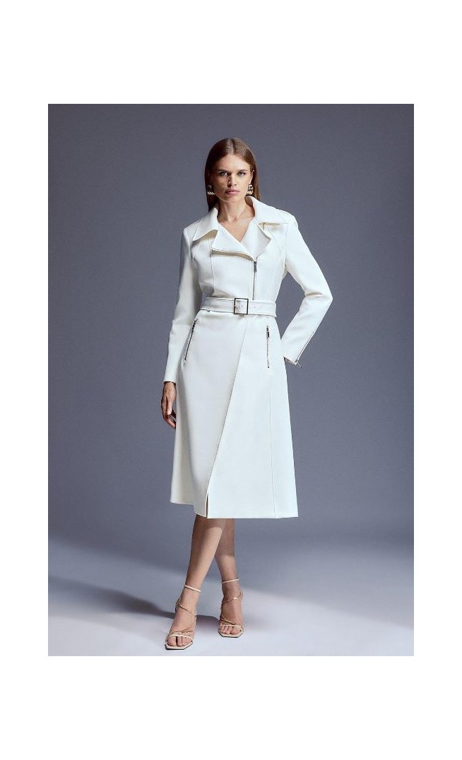 Tailored Compact Stretch High Neck Belted Midi Coat