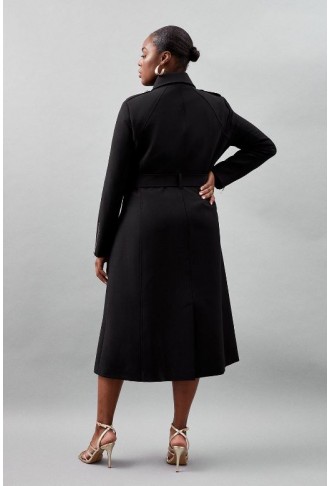 Black Plus Size Tailored Compact Stretch High Neck Belted Midi Coat