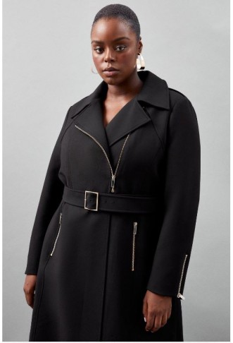 Black Plus Size Tailored Compact Stretch High Neck Belted Midi Coat