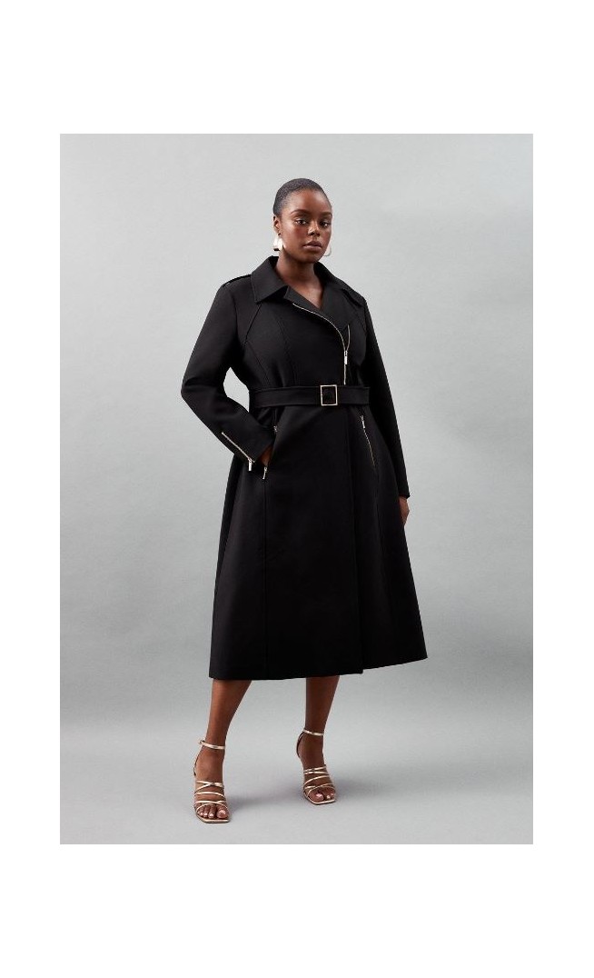 Black Plus Size Tailored Compact Stretch High Neck Belted Midi Coat