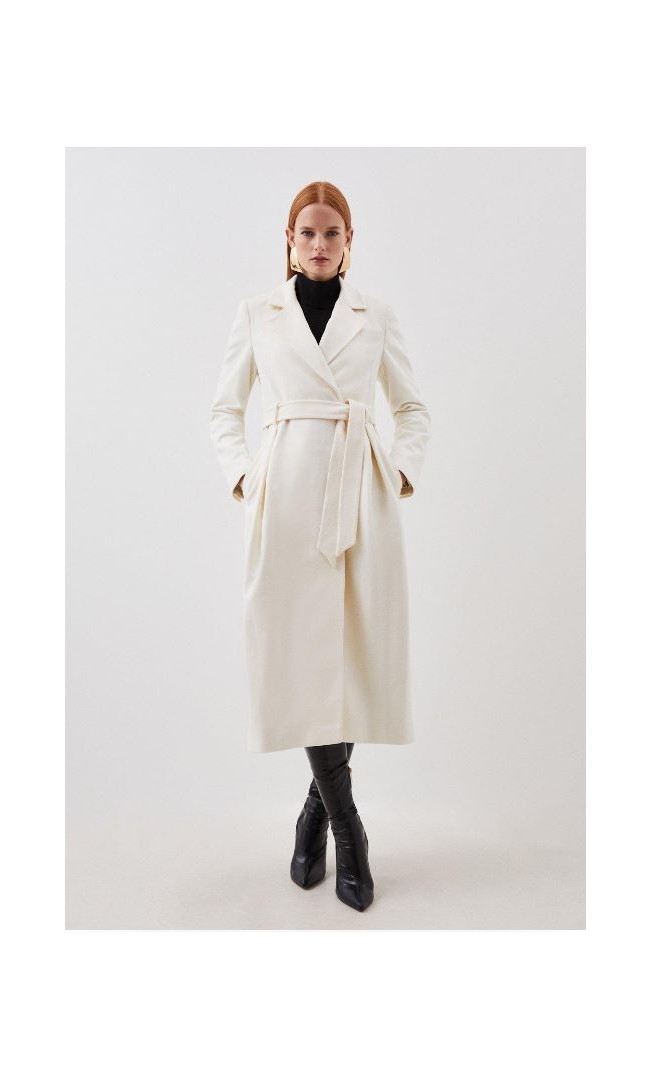 Italian Manteco Wool Wide Belted Pleat Detail Midi Coat