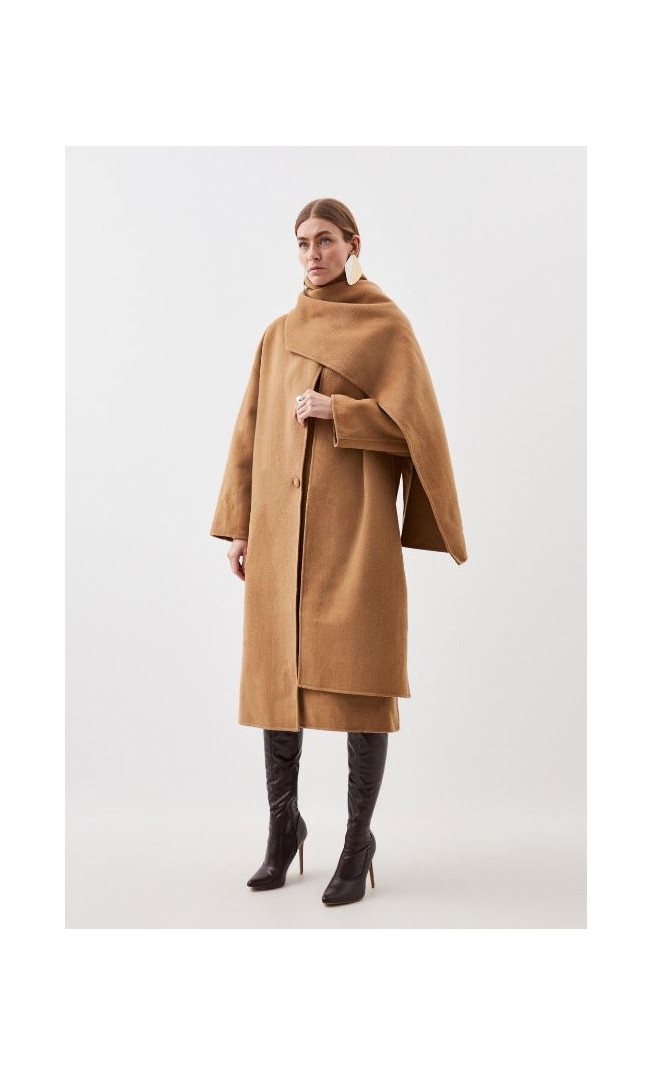 Tailored Double Faced Wool Scarf Neck Midi Coat