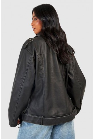 Petite Oversized Vintage Faux Leather Biker Jacket